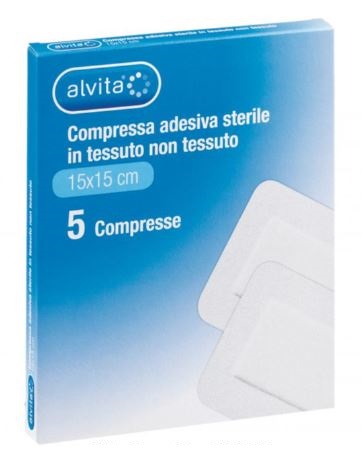 ALVITA GARZA COMPRESSA ADESIVA STERILE IN TESSUTO NON TESSUTO ESTENSIBILE BIANCO 15X15CM 5 PEZZI - farmaciabianca.it