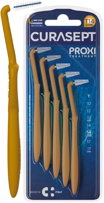 SCOVOLINO CURASEPT PROXI ANGLE MISURA T14 CONICO ISO 4 COLORE OCRA DIAMETRO 1,4 MM 5 PEZZI - farmaciabianca.it