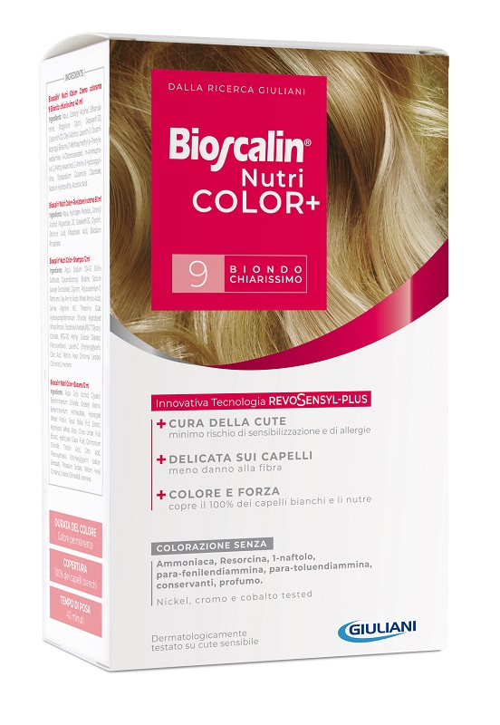 BIOSCALIN NUTRICOLOR PLUS 9 BIONDO CHIARISSIMO CREMA COLORANTE 40 ML + RIVELATORE CREMA 60 ML + SHAMPOO 12 ML + TRATTAMENTO FINALE BALSAMO 12 ML - farmaciabianca.it