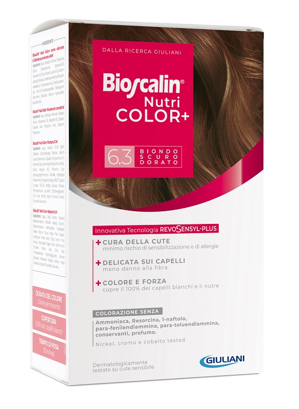 BIOSCALIN NUTRICOLOR PLUS 6,3 BIONDO SCURO DORATO CREMA COLORANTE 40 ML + RIVELATORE CREMA 60 ML + SHAMPOO 12 ML + TRATTAMENTO FINALE BALSAMO 12 ML - farmaciabianca.it